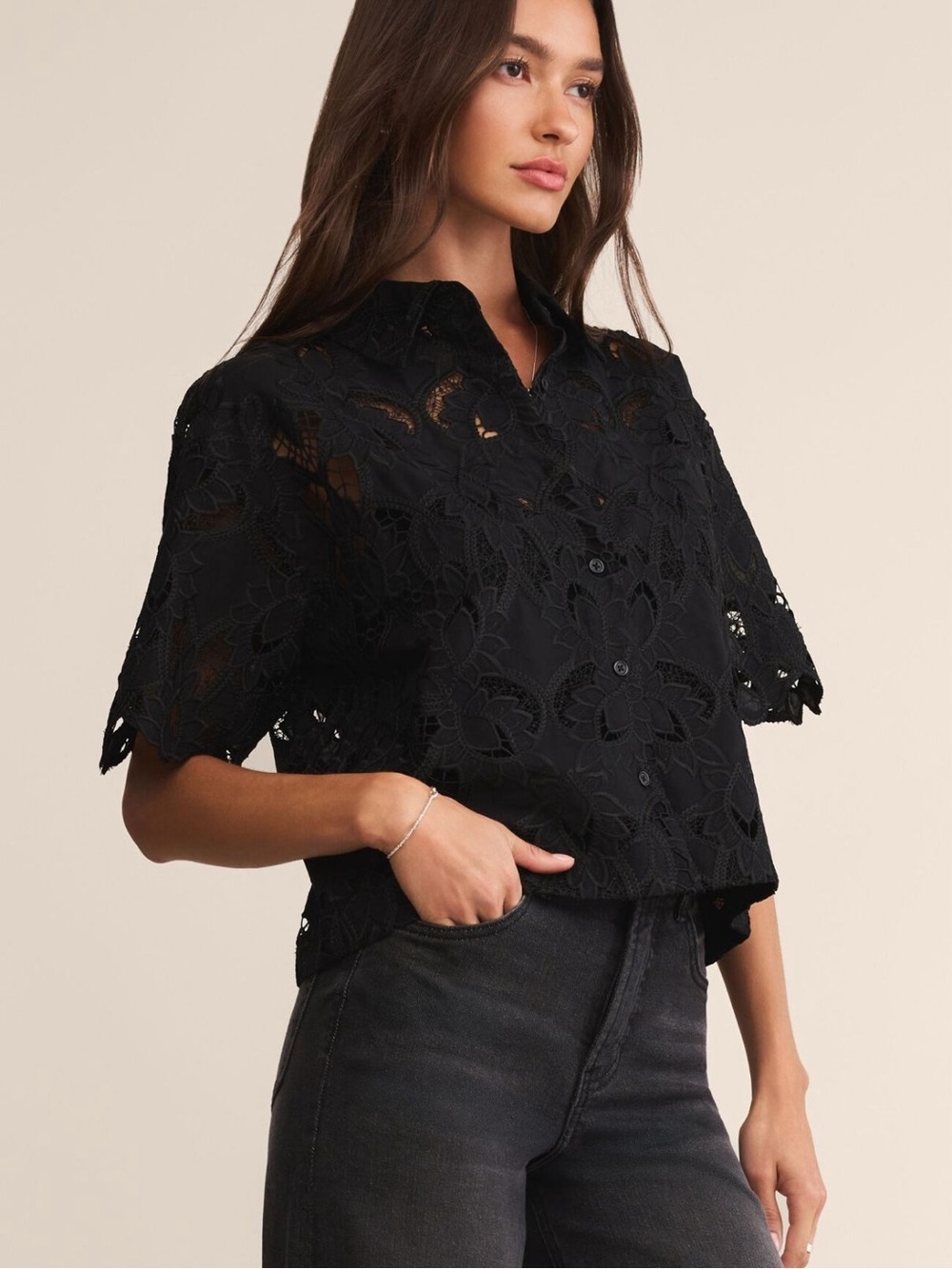 Z Supply Black Lace Button-Up Top
